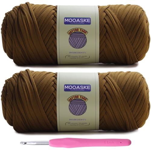 Mooaske 2 Pack T-Shirt Häkelgarn für DIY Stricken Häkeltuch Decke Tasche Puppen – 400g grobes dickes Garn zum Häkeln mit Polyester-Spandex-Mischung elastischem Stoff (Braun) von Mooaske