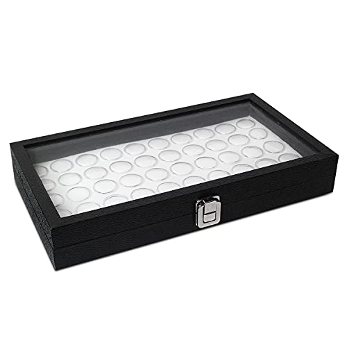 Mooca Abnehmbare schwarze Glasplatte, Schmuckschatulle, 50 Edelsteingläser, Ringbox, Schmuck-Organizer, Glas-Display-Box mit weißem Edelsteinglas, 37 cm Bx21 cm Bx5.3 cm H von Mooca