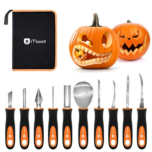 Moocii kürbis schnitzwerkzeug für Halloween DIY Dekoration 10 Stück Werkzeug Doppelseitiges Bildhauerwerkzeug aus Edelstahl schnitzset mit Etui (Orange) von Moocii