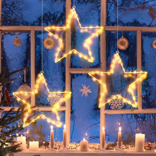 Moocuca 3 Stück Led Stern Fenster Beleuchtet,Weihnachtsdeko Fenster,45 LEDs auf 1 Stern,Led Fensterdeko Weihnachten,Weihnachtsbeleuchtung Fenster,Weihnachtsstern Fenster(Warmes Gelbes Licht) von Moocuca