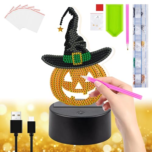 Moocuca Halloween Diamond Painting Nachtlicht Kinder, Kürbis Diamond Art LED Lampe, Diamant Painting Nachtlichter Geschenke für Mädchen 5 6 7 8 9 10 Jahre, DIY Diamanten Painting Lampe Halloween Deko von Moocuca