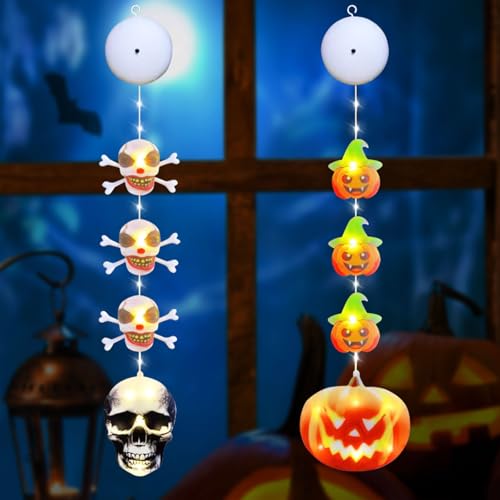 Moocuca Halloween Fenster Lichter, 2 Stück Halloween Skelett und Kürbis Lichter, Hängende Decorative Fenster Licht, Halloween Fensterdeko led Kontinuierliche und blinkende 2 Lichtmodi, Warmweiß Licht von Moocuca