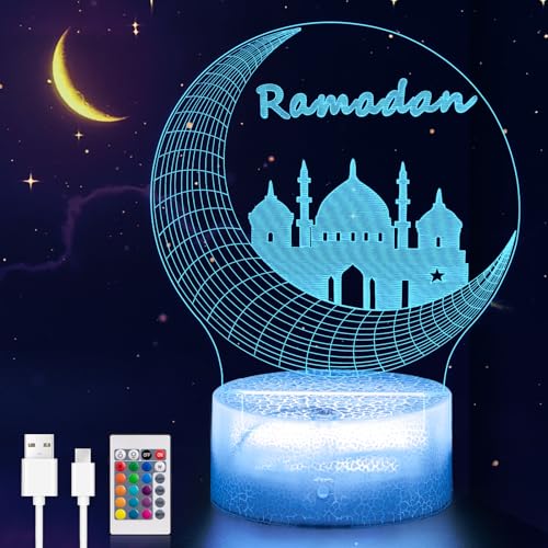 Moocuca Ramadan LED Lampe mit Fernbedienung, USB Datenkabel, 16 Farben Eid deko Mond Stern Nachtlichter, Berühren, Ramadan Mondlampe Farbwechsellampe, Ramadan 3d Lampe für Ramadan Dekoration von Moocuca