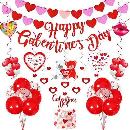 Galentines Day Luftballons Party Dekorationen für zu Hause: Happy Galentines Herz hängende Wirbel & Banner, rosa rot weiß Ballon Girlande Bogen Kit Decor Party Supplies (keine Luftpumpe) von Moon Boat