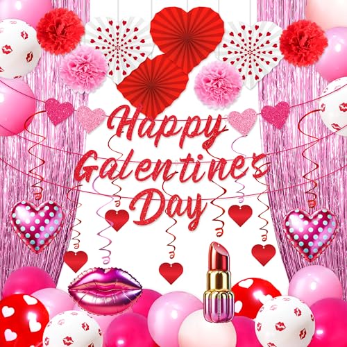 【Galentines Day Party Luftballons Dekorationen】Happy Galentines Dekor Herz Banner Hängende Wirbel Papierfächer Lametta Vorhang Pom Poms Ballon Girlande Bogen Kit Party Supplies für Zuhause von Moon Boat