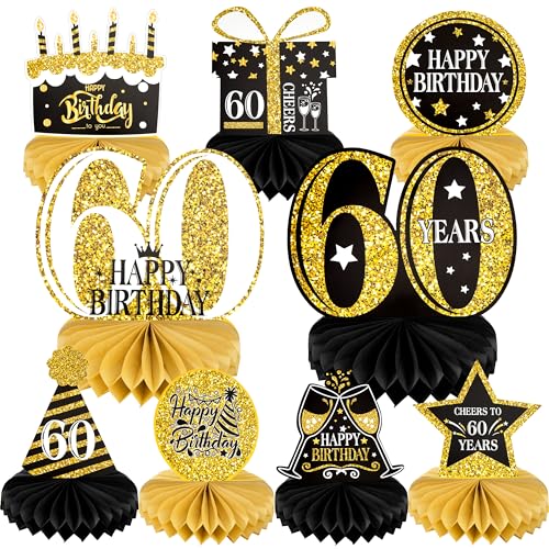 60. Geburtstag Dekoration Set, 9 Stück Geburtstag Deko, Schwarz Gold Papier 3D Waben Bienenwabe Mittelstücke Tischdekoration für Männer und Frauen Geburtstagsparty Dekoration Zubehör von MoonSing