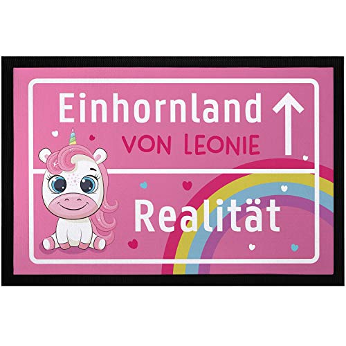 MoonWorks SpecialMe® Fußmatte Kinderzimmer personalisiert Einhorn-Land von Wunschname Türvorleger Kind rutschfest & waschbar schwarz 60x40cm von MoonWorks