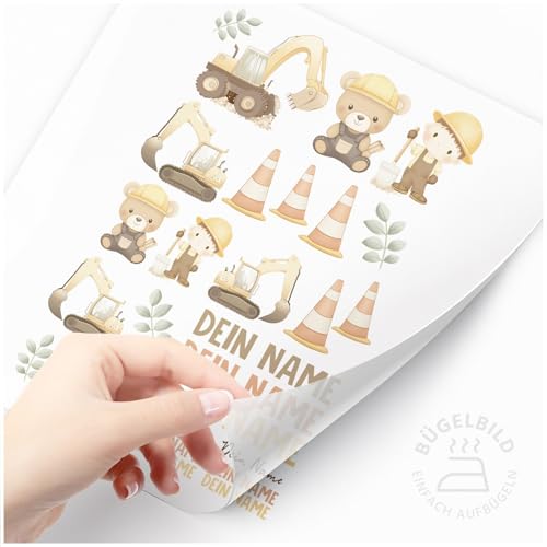 Moonworks® Bügelbilder-Set für Kinder Bagger Bär Personalisiert Wunschname Patches zum Aufbügeln auf Textilien Kleine Motive Set weiß standard von MoonWorks