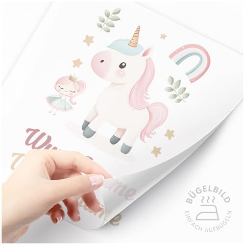 Moonworks® Bügelbilder Set für Kinder Personalisiert Prinzessin Einhorn Wunschname Patches zum Aufbügeln auf Textilien Einhorn weiß standard von MoonWorks