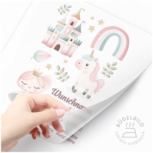 Moonworks® Bügelbilder Set für Kinder Personalisiert Prinzessin Einhorn Wunschname Patches zum Aufbügeln auf Textilien Große Motive Set weiß standard von MoonWorks