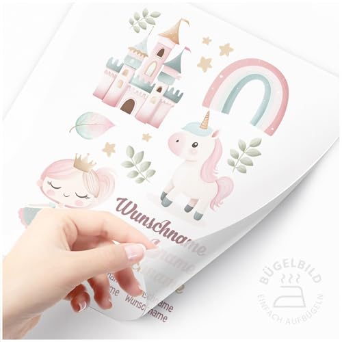 Moonworks® Bügelbilder Set für Kinder Personalisiert Prinzessin Einhorn Wunschname Patches zum Aufbügeln auf Textilien Große Motive Set weiß standard von MoonWorks