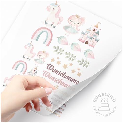 Moonworks® Bügelbilder Set für Kinder Personalisiert Prinzessin Einhorn Wunschname Patches zum Aufbügeln auf Textilien Kleine Motive Set weiß standard von MoonWorks