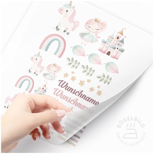 Moonworks® Bügelbilder Set für Kinder Personalisiert Prinzessin Einhorn Wunschname Patches zum Aufbügeln auf Textilien Kleine Motive Set weiß standard von MoonWorks