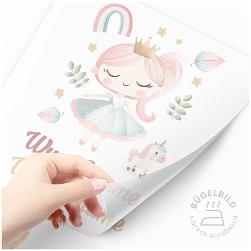 Moonworks® Bügelbilder Set für Kinder Personalisiert Prinzessin Einhorn Wunschname Patches zum Aufbügeln auf Textilien Prinzessin weiß standard von MoonWorks