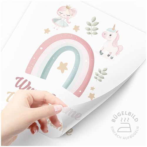 Moonworks® Bügelbilder Set für Kinder Personalisiert Prinzessin Einhorn Wunschname Patches zum Aufbügeln auf Textilien Regenbogen weiß standard von MoonWorks