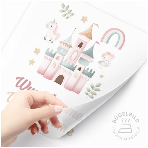 Moonworks® Bügelbilder Set für Kinder Personalisiert Prinzessin Einhorn Wunschname Patches zum Aufbügeln auf Textilien Schloß weiß standard von MoonWorks