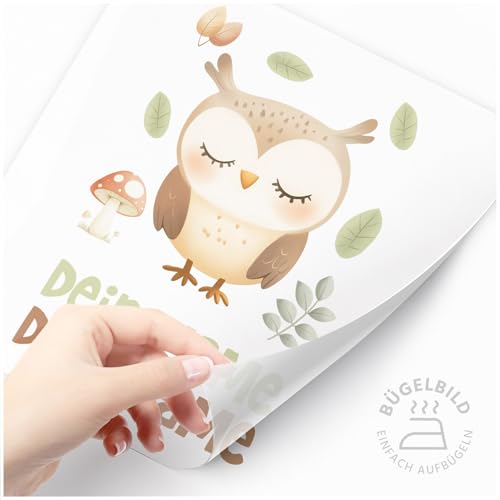 Moonworks® Bügelbilder Set für Kinder Waldtiere Personalisiert Tiermotive Wunschname Patches zum Aufbügeln auf Textilien Eule weiß standard von MoonWorks