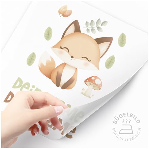 Moonworks® Bügelbilder Set für Kinder Waldtiere Personalisiert Tiermotive Wunschname Patches zum Aufbügeln auf Textilien Fuchs weiß standard von MoonWorks