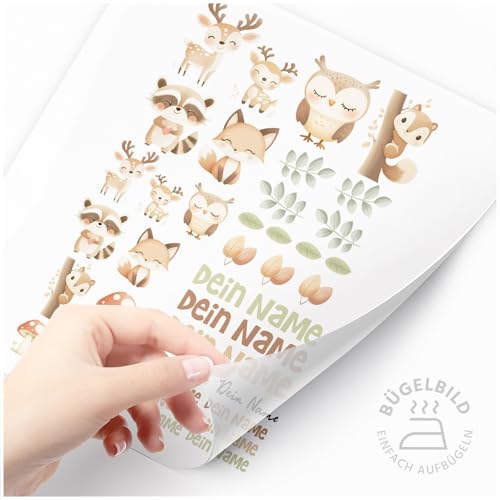 Moonworks® Bügelbilder Set für Kinder Waldtiere Personalisiert Tiermotive Wunschname Patches zum Aufbügeln auf Textilien Kleine Tiere Set weiß standard von MoonWorks