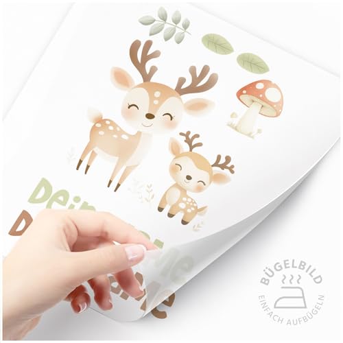 Moonworks® Bügelbilder Set für Kinder Waldtiere Personalisiert Tiermotive Wunschname Patches zum Aufbügeln auf Textilien Reh weiß standard von MoonWorks