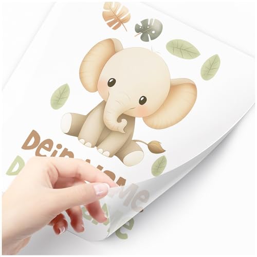 Moonworks® Bügelbilder-Set für Kinder Wilde Tiere Safari Personalisiert Wunschname Patches zum Aufbügeln auf Textilien Elefant weiß standard von MoonWorks