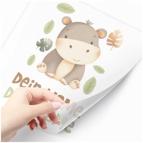 Moonworks® Bügelbilder-Set für Kinder Wilde Tiere Safari Personalisiert Wunschname Patches zum Aufbügeln auf Textilien Hippo weiß standard von MoonWorks