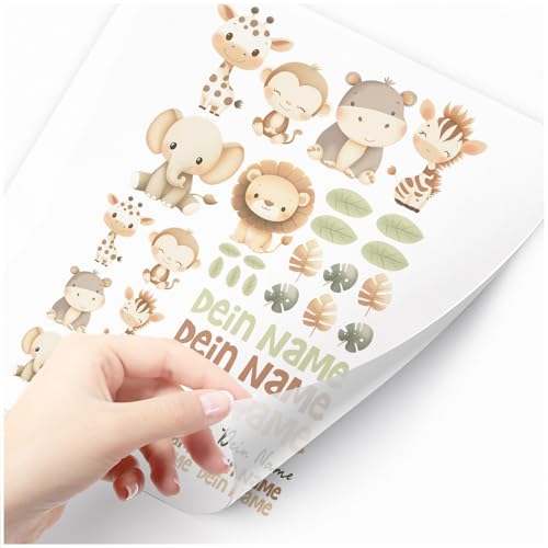 Moonworks® Bügelbilder-Set für Kinder Wilde Tiere Safari Personalisiert Wunschname Patches zum Aufbügeln auf Textilien Kleine Tiere Set weiß standard von MoonWorks