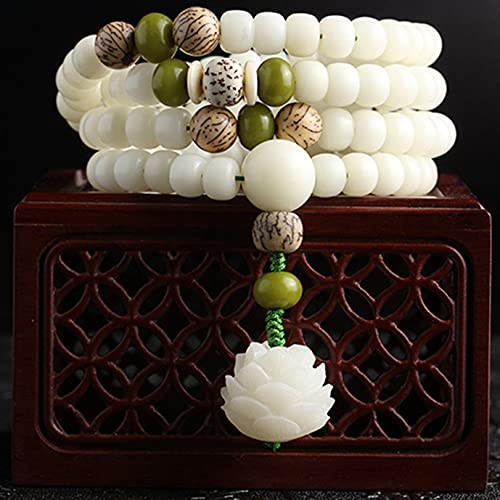 Moonetto Weiße Jade, natürliche Bodhi-Wurzel, 108 Mala-Gebets-Mantra-Perlen, Meditation, 5-lagig, Lotus-Handschnur, Multiplayer-Armband von Moonetto