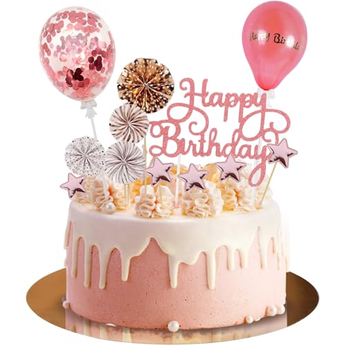 Moorle Happy Birthday Tortendeko 12 Stück, Damen Torten Geburtstagsdeko, Rosa Gold Kuchendeko, Topper Tortendekoration mit Golden Sterne Papierfächer Konfetti Luftballons für Geburtstagsfeier von Moorle