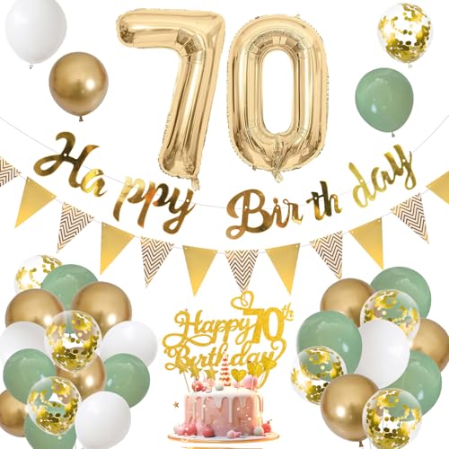 70 Geburtstag Dekorationen Salbeigrün 70 Geburtstag Luftballons für Mann Frau Salbeigrün Gold Weiß Latex Ballons Happy Birthday Banner mit Flaggen Cake Topper für 70 Jahre alte Geburtstagsfeier von Moorle