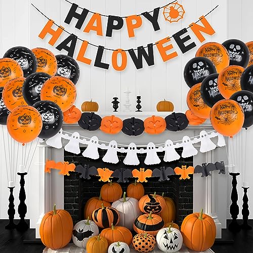 Halloween Deko Set, Happy Halloween Girlande mit Luftballoon, Halloween Banner Hängedeko, Halloween Deko Kinder, Spiralen Deko für Halloween Party Indoor Garten Deko von Moorle