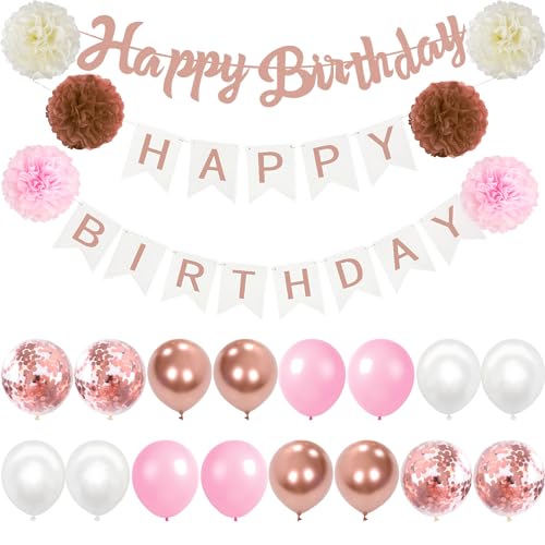 Happy Birthday Roségold Geburtstag Deko Luftballons Rosa Geburtstagdeko Seidenpapier Pompons für Geburtstag Dekoration Mädchen Jungen von Moorle