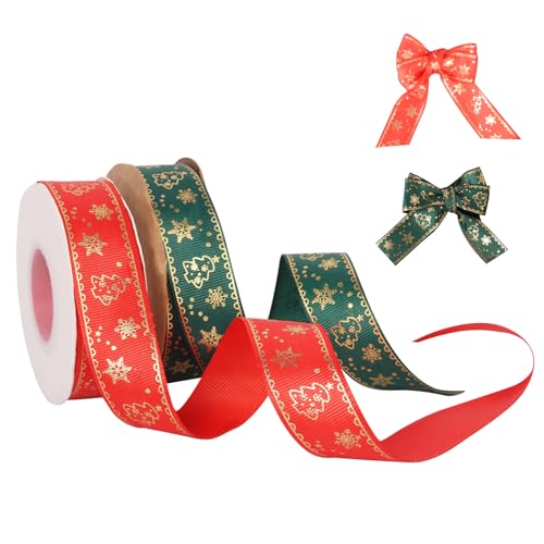 Moorle 2 Rollen x 22 m Weihnachtsband, Ripsband für Geschenkverpackungen, rotes und grünes Weihnachts-Satinband, Weihnachts-Musterbänder für Weihnachtsbaum, Weihnachtskranz, Weihnachtskuchen, DIY von Moorle