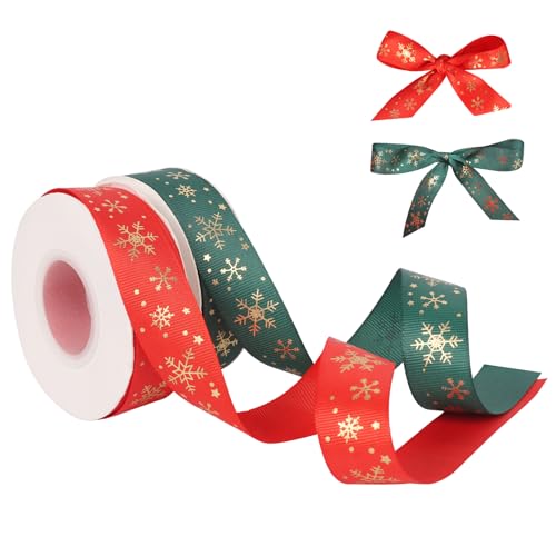 Moorle 2 Rollen x 22 m Weihnachtsband, Ripsband für Geschenkverpackungen, rotes und grünes Weihnachts-Satinband, Weihnachts-Musterbänder für Weihnachtsbaum, Weihnachtskranz, Weihnachtskuchen, DIY von Moorle