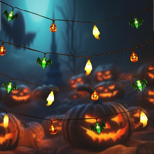 Moorle Halloween Lichterkette 3m, Halloween Party Dekoration Lichter 20 Leds, Beleuchtung Deko Mit Kürbis, Fledermaus Und Geist, 20 Led Lichterketten Batteriebetrieben Außen Zum Halloween Party Deko von Moorle