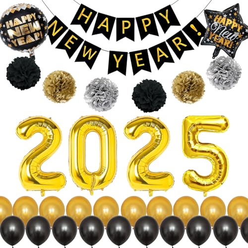 Silvester Deko 2025, Schwarz Gold Silvester Deko, Happy New Year Deko, XXL 2025 Folienballons, Seidenpapier Pom Poms, Stern Folienballon, Happy New Year Ballon für Neujahrsdeko Silvester 2025 von Moorle