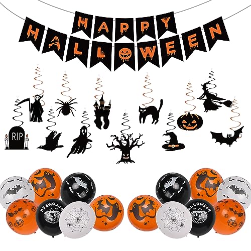 Halloween Dekoration Indoor, Halloween Deko Set, Halloween Girlande, Hängedeko Spiralen, Happy Halloween Banner, Halloween Deko Kinder, Halloween Luftballon für Halloween Party Deko von Moorle