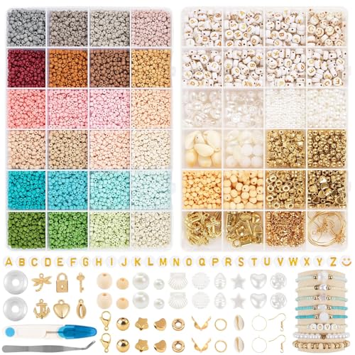 3mm Perlen für Armbänder 13540 Stück Set, 24 Farbe Morandi Glasperlen zum Auffädeln, 4x7mm Buchstabenperlen 4-12mm Weiß Perlen und Perlen Gold mit Gummiband für Geburtstage DIY Bracelet Making Kit von Mooshy