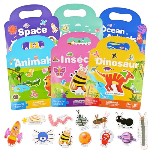 6 Pack Wiederverwendbare Stickerbücher 3D Puffy Sticker Book für Kinder 3-6, Jelly Sticker Book Weltraum Tiere Meeresleben Transport Dinosaurier Insekten Spiel pädagogisches Sinnes-Lernspielzeug von Mooshy