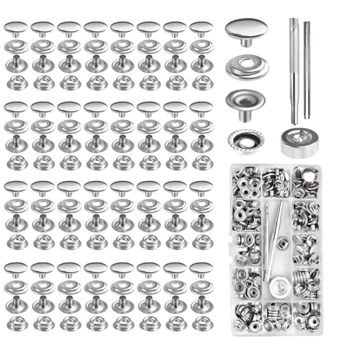 204 Stück Druckknopf Metall, 15mm Button Edelstahl Druckknöpfe, Druckknopf Set mit 3 Einstellungswerkzeuge, Druckknöpfe metall, Snap Fastener Kit für Bootstasche,Leder,DIY Craft von Moosono