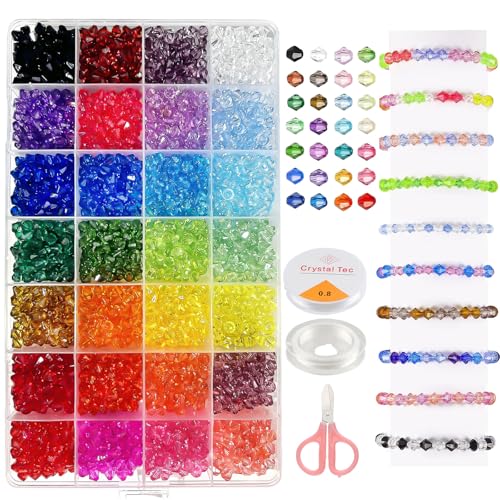 2800 Stück Kristall Perlen, 6mm Kristall Beads Doppelkegelperlen Facettierte Perlen Armband Perlen Set für Armbänder Ohrringe Halsketten DIY Basteln Schmuckherstellung mit Schere und Faden von Moosono