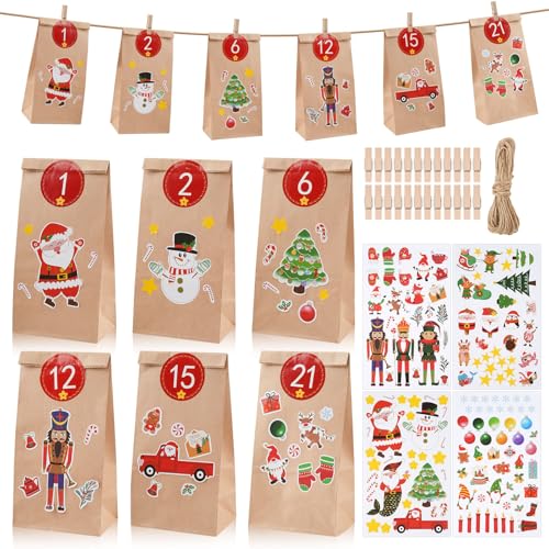 Adventskalender Tüten, Adventskalender zum Befüllen Kinder, DIY Adventskalender Selber Befüllen 2024, 24 Weihnachtskalender Papiertüten zum Selber Basteln mit Aufklebern, Clips und Schnur Geliefert von Moosono