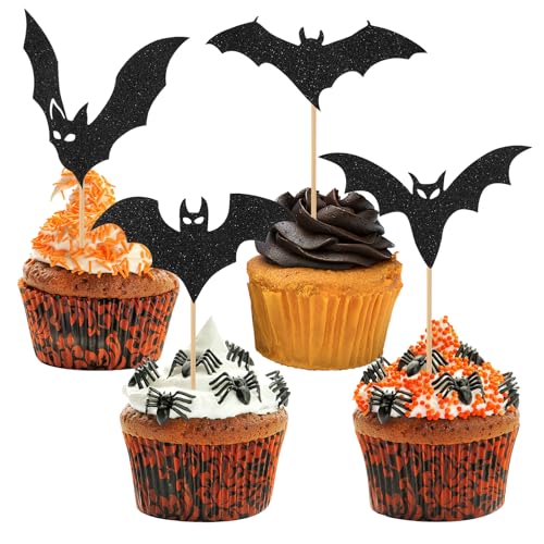 24 Stück Fledermaus Cupcake Toppers, Glitzer Fledermaus Halloween Muffin Deko, Horror Halloween Tortendeko Fledermaus, Halloween Kuchen Deko, Schwarz Fledermaus Kuchendeko,für Halloween Party Deko von Moosono