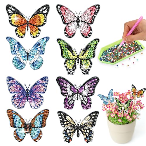 Schmetterling Diamond Painting Kinder, 8 Stück Funkelnden Diamond Painting Set, DIY Bastelset Kinder für Handgemachte Geschenke, für Topfpflanzen Dekorationen, Geburtstagsfeiern, Gartendekorationen von Moosono