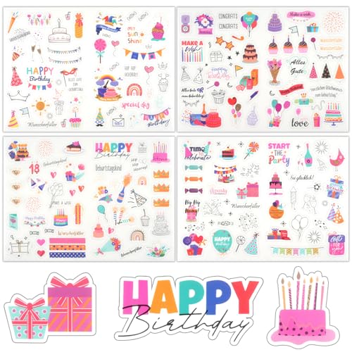 Sticker Geburtstag| Aufkleber für Fotoalbum,GäStebuch& Geschenke |Party Sticker für Erwachsene & Kinder - Set Mit 170 Motiven Auf 4 BöGen (Rosa) von Moosono