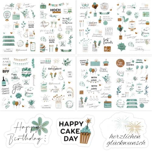 Sticker Geburtstag| Aufkleber für Fotoalbum,GäStebuch& Geschenke |Party Sticker für Erwachsene & Kinder - Set Mit 225 Motiven Auf 4 BöGen (Green) von Moosono