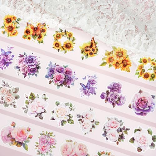 Washi Tape Set, Blumen Masking Tape Sticker, 4 Rollen Dekorative Washi Tape Kinder Klebeband Transparent Sticker für Scrapbooking, Journaling,Bullet Journals von Moosono