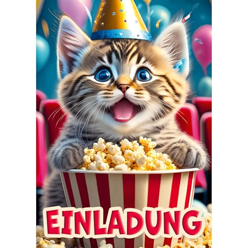 Moosthaler 12x Einladung Kino Kindergeburtstag - Die perfekte Einladung für den Kino- oder Filmabend mit süßer Katze - Kino Einladungskarten Kinder - Einladungskarten Kindergeburtstag Mädchen von Moosthaler