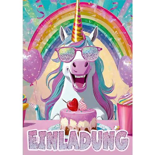 Moosthaler GLITZER Einhorn Einladungskarten Kindergeburtstag Mädchen (12 Stück) - Lustige Regenbogen Geburtstag Einladungen mit echtem Glitzerlack - Einhorn Deko Kindergeburtstag von Moosthaler