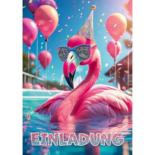 Moosthaler GLITZER Flamingo Einladungskarten Kindergeburtstag Mädchen (12 Stück) - Lässige Poolparty Einladung mit echtem Glitzerlack - Flamingo Pool Geburtstag Einladungen - Einladung Poolparty von Moosthaler